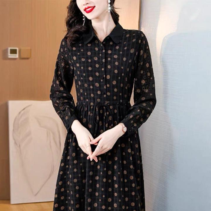 奢华乔其纱连衣裙春秋2024新款女装中年妈妈长袖雪纺裙子波点