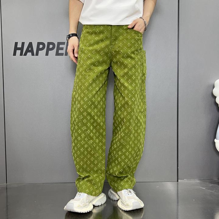 夏季薄款高端美式提花牛仔裤巴黎风弯刀裤宽松休闲潮流男牛仔裤