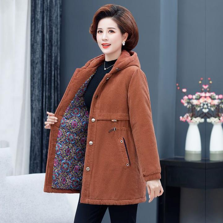 2116妈妈装灯芯绒夹棉服加厚外套女棉袄中老年女装中长款条绒棉衣