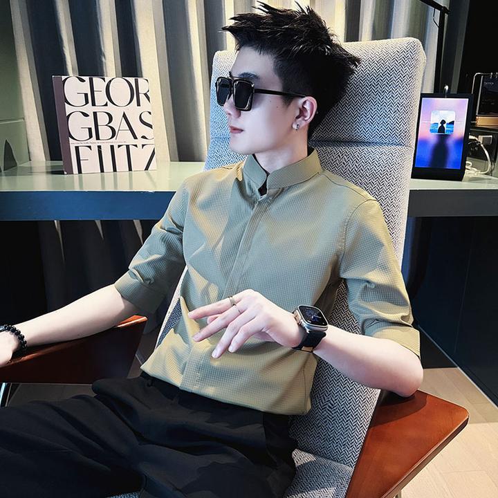 男士衬衣爆款2025新款夏款潮牌修身立领短袖衬衫男装休闲中袖衣服