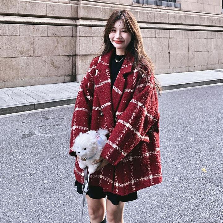 拜年服复古红短款格子羽绒内胆西装毛呢外套女冬新款小个子宽松加