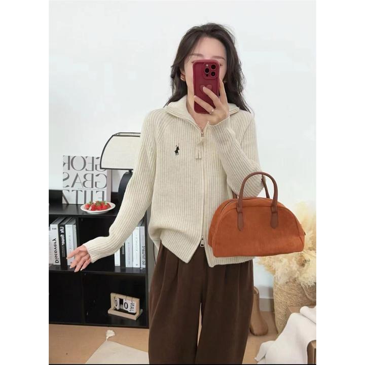 2025秋冬新款韩版竖条刺绣小马拉链长袖宽松百搭休闲针织开衫5485