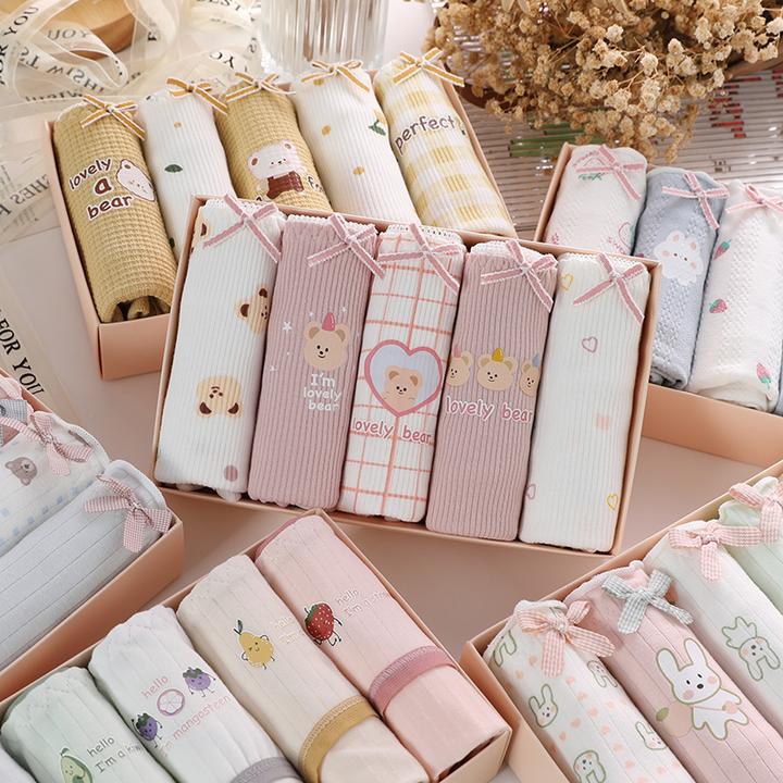 女士内裤女学生可爱日系少女三角内裤女式5条组合中腰女内裤舒适