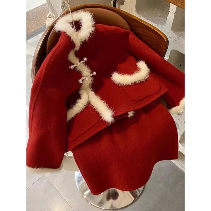 4802加棉秋冬季新款女装中国风红色过年新年圣诞毛呢两件套装裙女