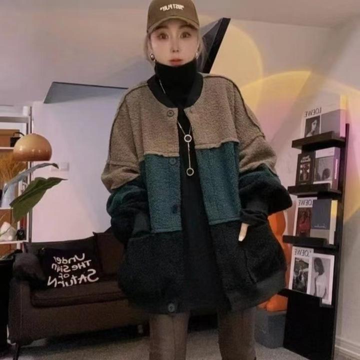 韩系大版毛绒绒加绒保暖两面穿大外套休闲女生显瘦外套秋冬宽松