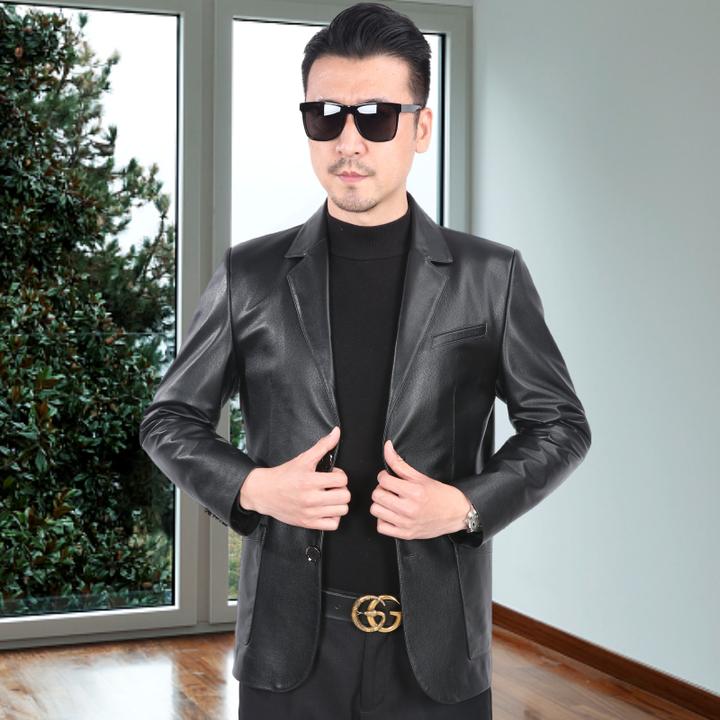 2025新款头层小牛皮衣春秋款牛皮西装男款商务休闲真皮西装外套