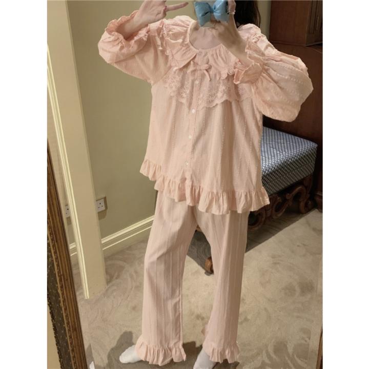 甜美娃娃领长袖睡衣女春秋季2024年新款可爱荷叶边纯棉两件套装