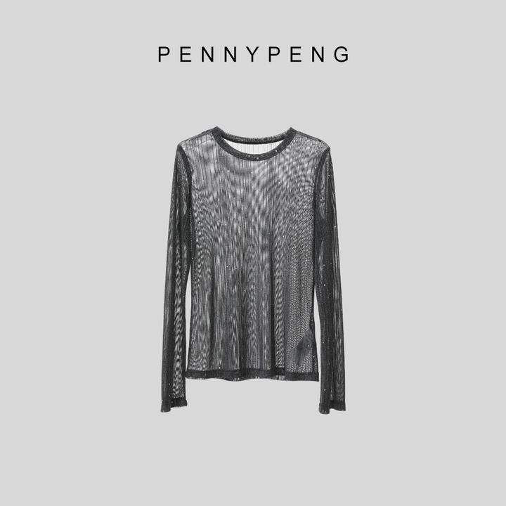 PENNYPENG琉璃纱早春上新时髦气质百搭黑色圆领烫钻洋气打底衫