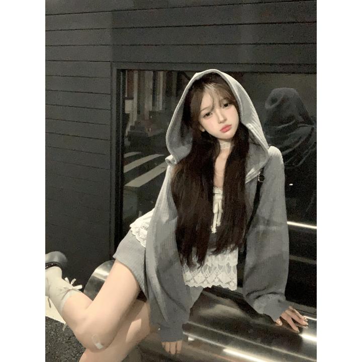 夹心奥利奥 纯欲风显高瘦连帽卫衣外套+半裙套装