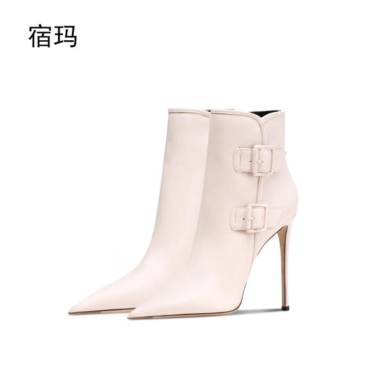 米白皮带扣短靴女2025年新款时尚拉链尖头细跟网红时装靴短筒单靴