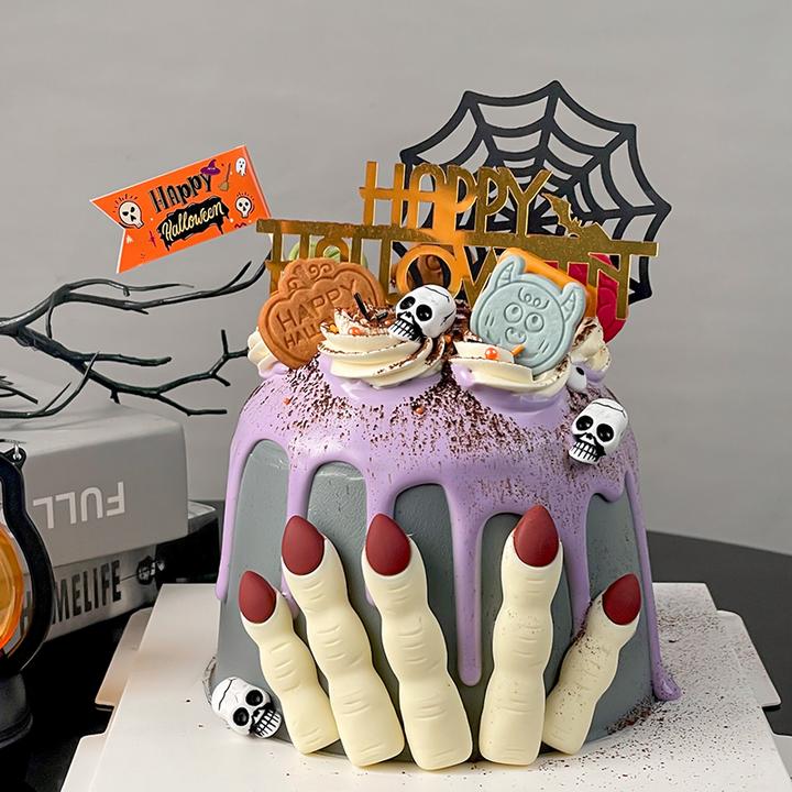 2024万圣节蛋糕装饰骷髅头手指摆件HappyHalloween亚克力节日插件