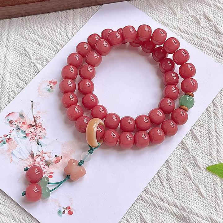 霞光玫瑰粉菩提双圈手串小蝴蝶吊坠菩提根手持念珠文玩高密菩提子