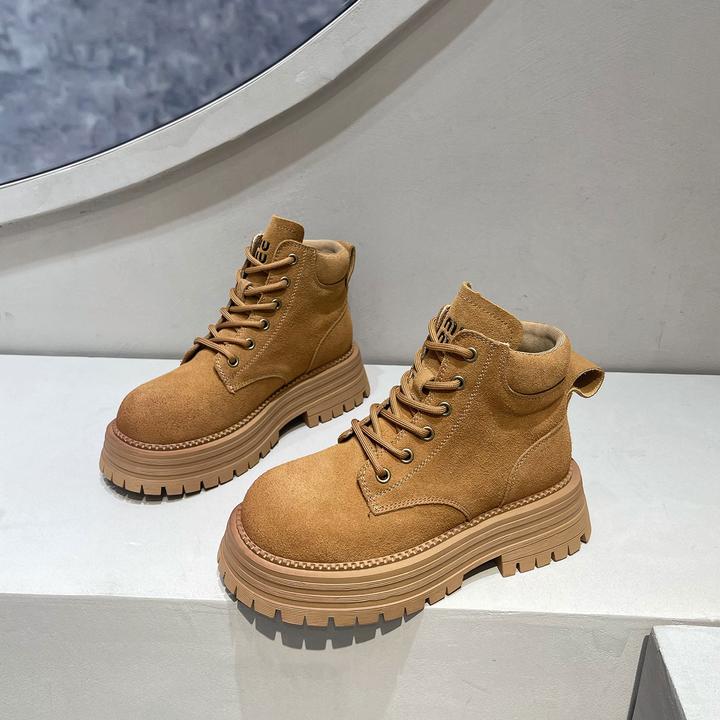 真皮厚底马丁靴女2025新款春秋单靴磨砂反绒皮大黄靴超火复古短靴