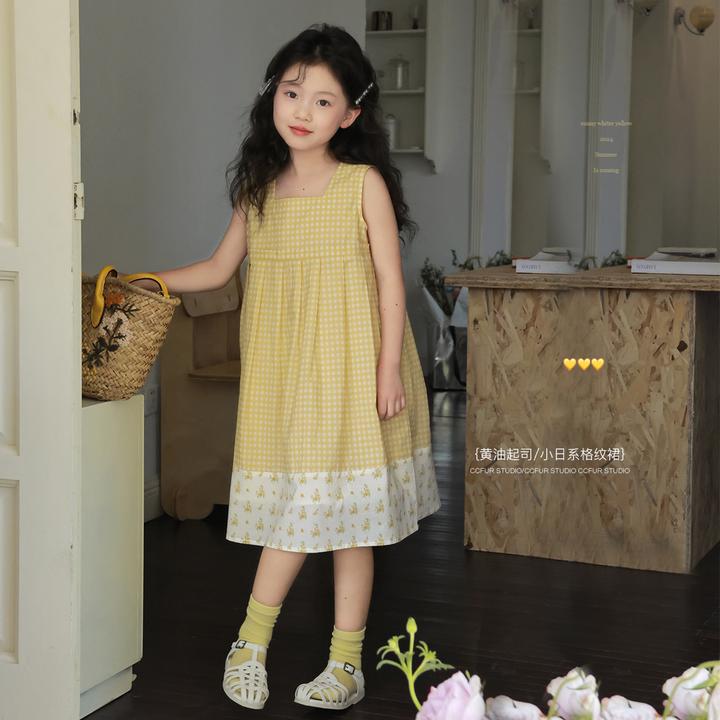 女童连衣裙夏季儿童夏款碎花裙子格子背心裙无袖纯棉宝宝公主裙潮