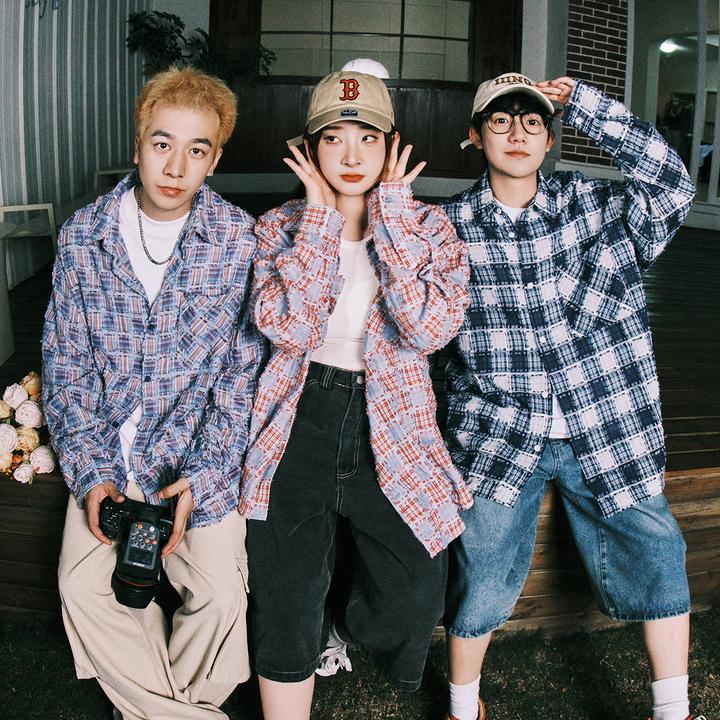 潮牌格子流苏衬衫男长袖春秋宽松百搭情侣款寸衣休闲衬衣外套上衣