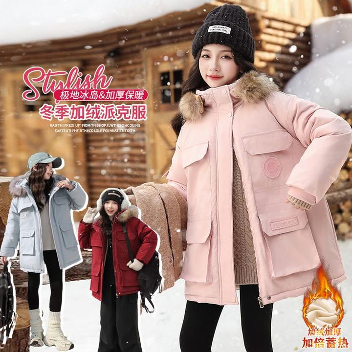 女童秋冬款网红爆款加毛儿童保暖派克服外套2024新款中大童5-12岁