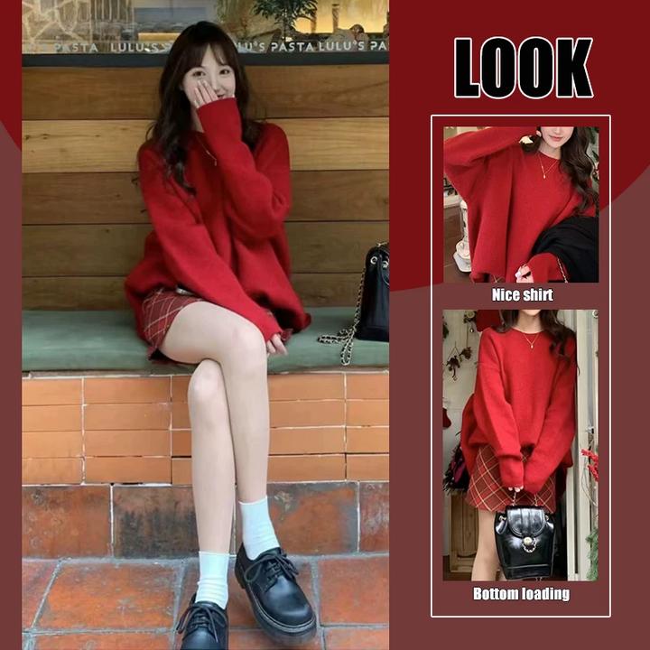 初秋装搭配茶系穿搭一整套新年穿搭战袍红色毛衣半身短裙两件套装