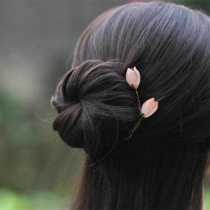 4齿发梳郁金香花朵插梳日常古装汉服配饰头饰旗袍盘发钗u型发簪