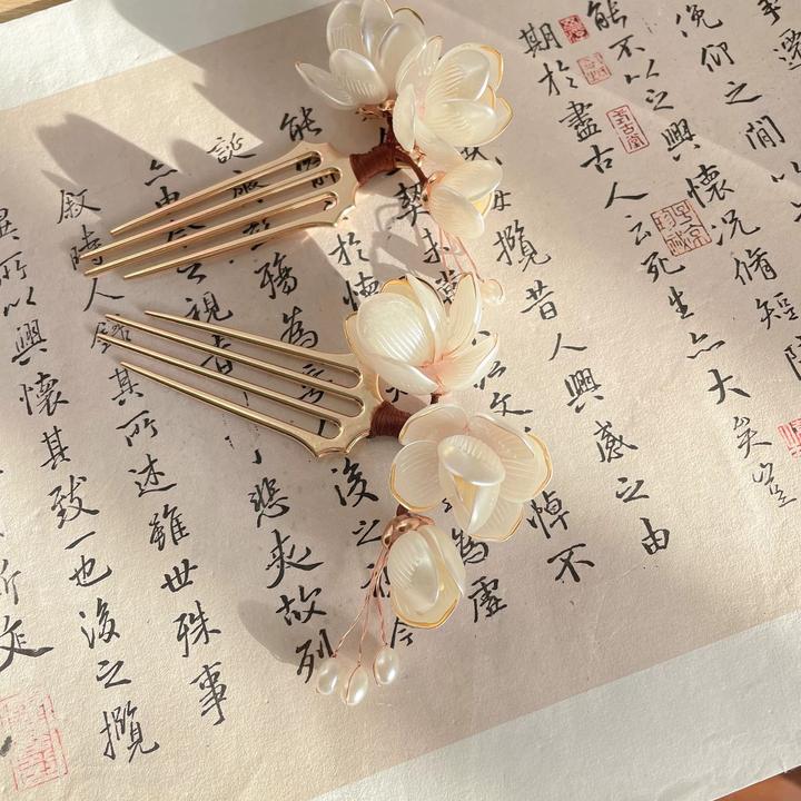 古风手工发饰白玉兰发梳超仙荷花发簪插梳发钗U钗子日常u型发簪