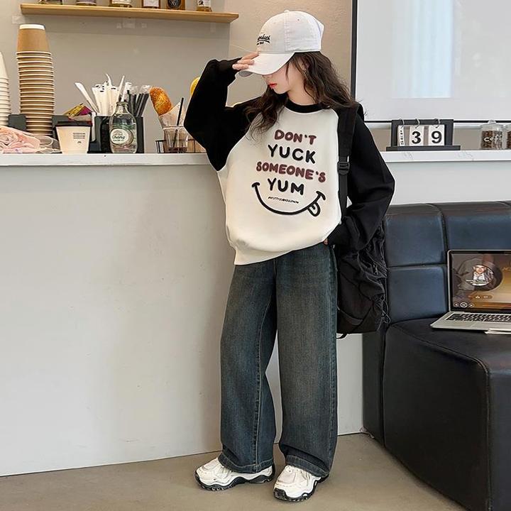 插肩卫衣男春秋2024新款时髦休闲儿童个性字母女大童拼色上衣