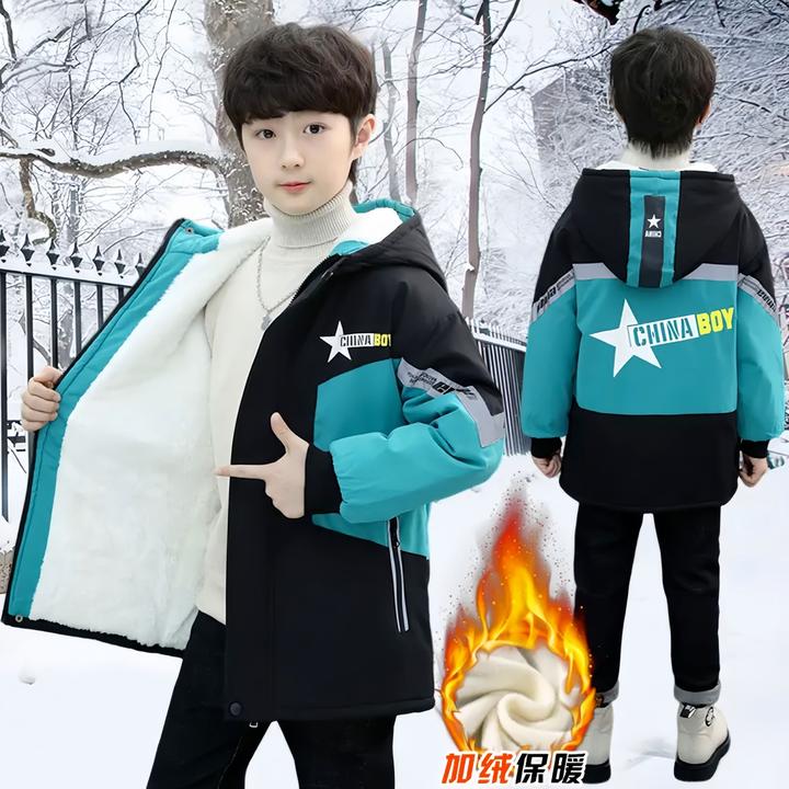 男童加绒外套秋冬季男孩帅气中长款加厚中大童冬款洋气派克服