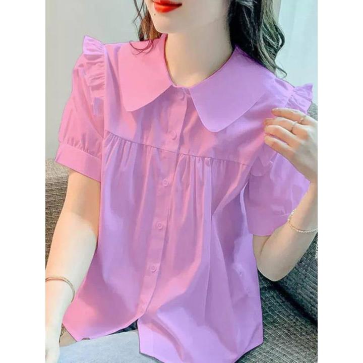 短袖时尚百搭娃娃领简约上衣2025夏季甜美木耳边减龄宽松别致衬衫