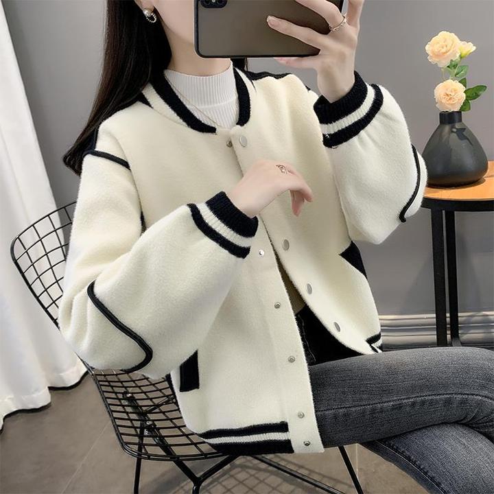 新款棒球服撞色春秋女针织时尚仿双面呢韩版宽松夹克短款开衫女士
