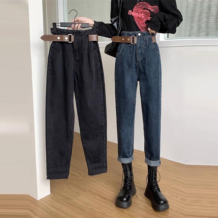 大码牛仔裤女胖mm秋季高腰显瘦宽松直筒大码胖mm九分哈伦老爹裤子