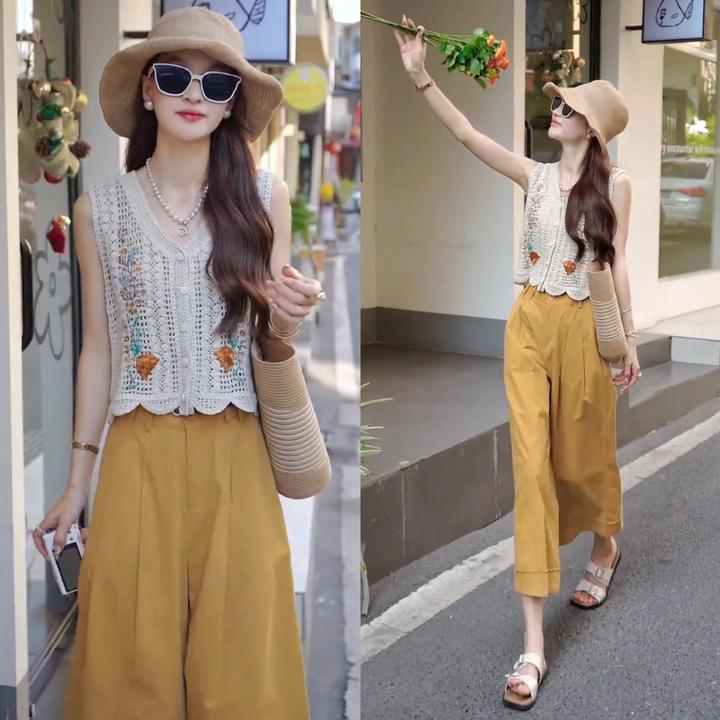 2024夏季新款法式镂空设计感刺绣无袖短款背心直筒阔腿纯色休闲裤