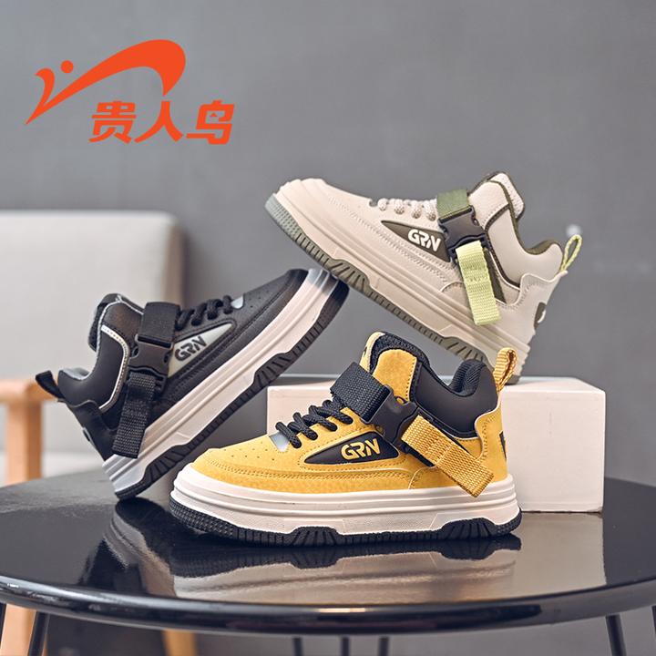 贵人鸟童鞋2024秋款儿童防滑运动鞋革面女童鞋百搭男童中帮AJ板鞋
