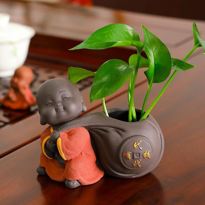 可爱紫砂小和尚花器茶宠摆件水养花插茶台茶具办公桌面水培陶瓷