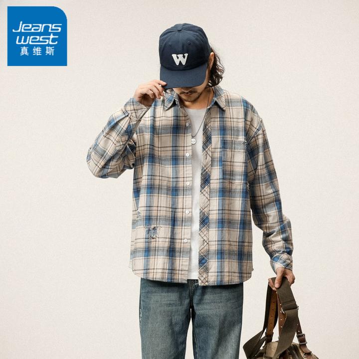 Jeanswest/真维斯休闲男衬衣长袖衬衫男士宽松色织条百搭衬衫纯棉