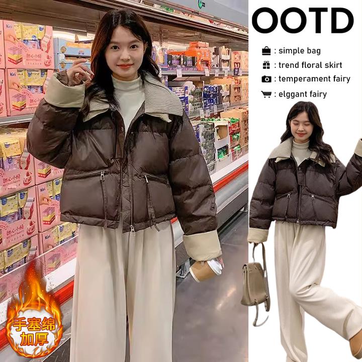 2026冬季女款韩系复古时髦设计拼接保暖棉服夹绵加厚面包服厚外套