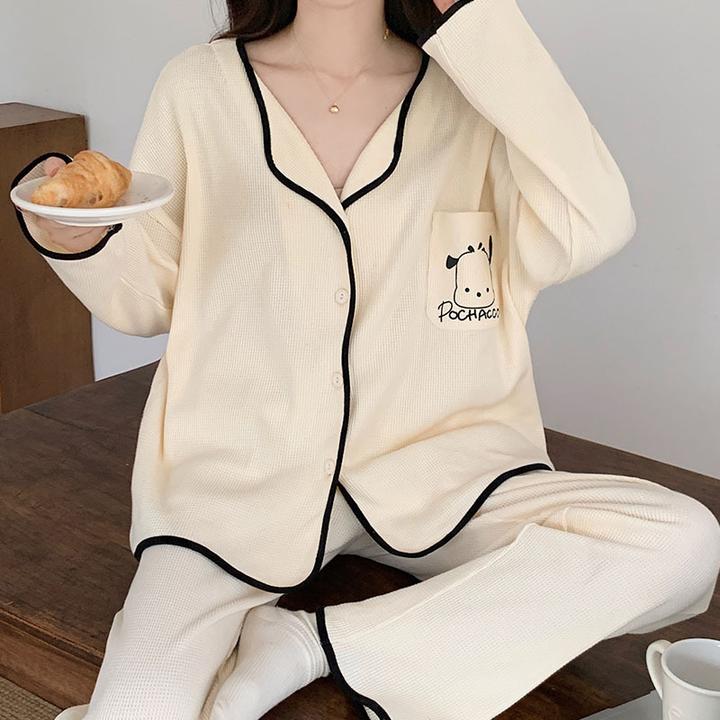 新款春秋华夫格长袖睡衣女开衫V领ins风可爱女士和服家居服套装