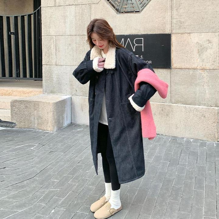 深蓝色工装牛仔派克服女中长款2024冬季高级感宽松加厚白鸭绒外套