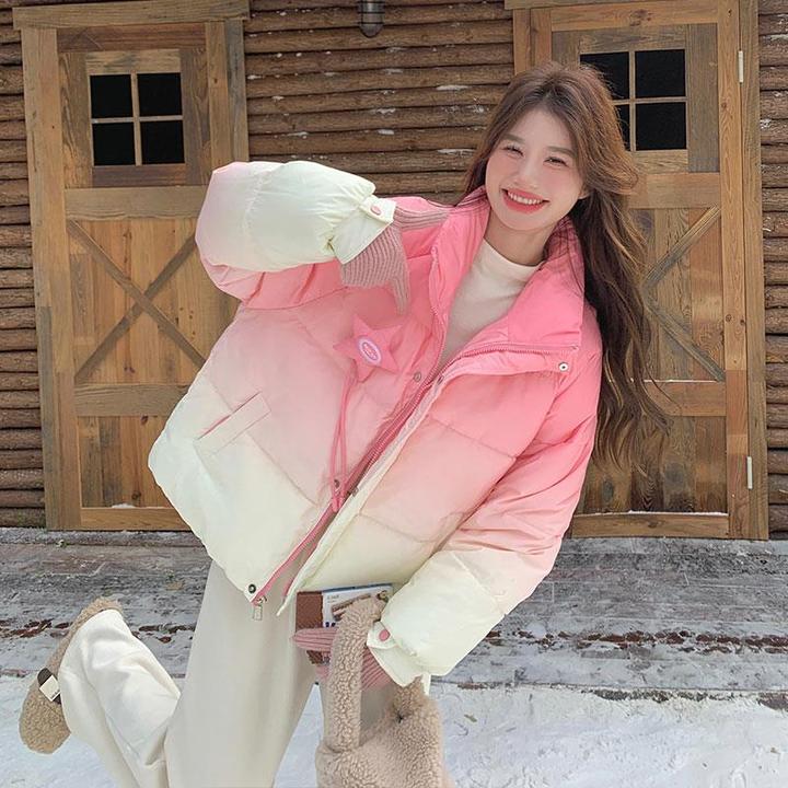粉色超好看短款渐变羽绒服女2024冬小个子保暖减龄白鸭绒加厚外套