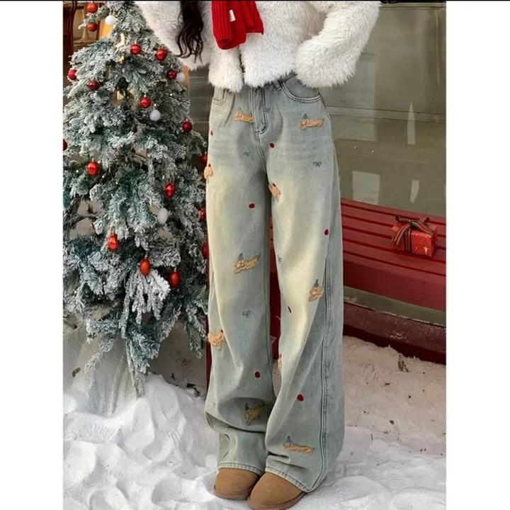 玹鲨2025新款腊肠狗狗刺绣直筒牛仔裤女春秋高腰显瘦设计感阔腿裤