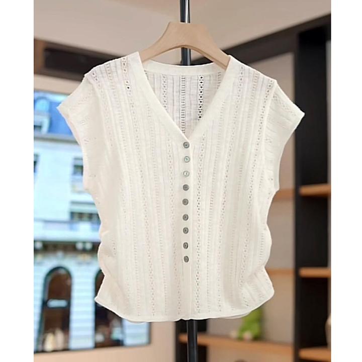 夏季女装2025新款时尚气质V领镂空无袖纽扣设计感百搭T恤休闲上衣