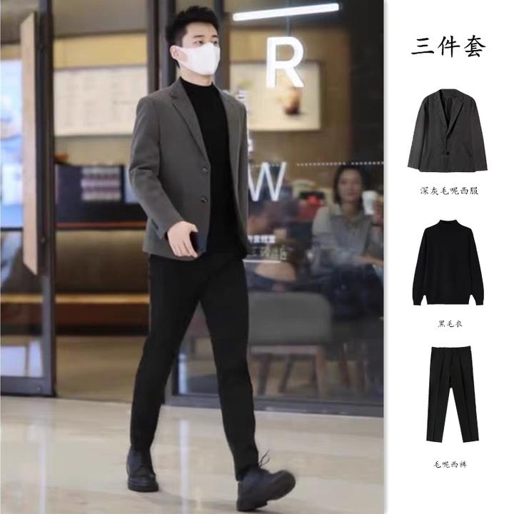 加厚星空呢套装单件冬季潮流韩版男士毛呢西服修身外套两粒扣西装