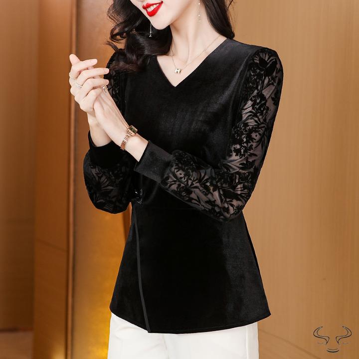 有货23秋洋气减龄百搭盘扣钉珠金丝绒打底衫中长款上衣女