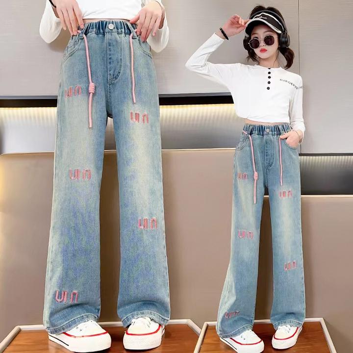 女童春秋款牛仔裤新款洋气女孩宽松阔腿裤儿童中大童春款直筒裤子