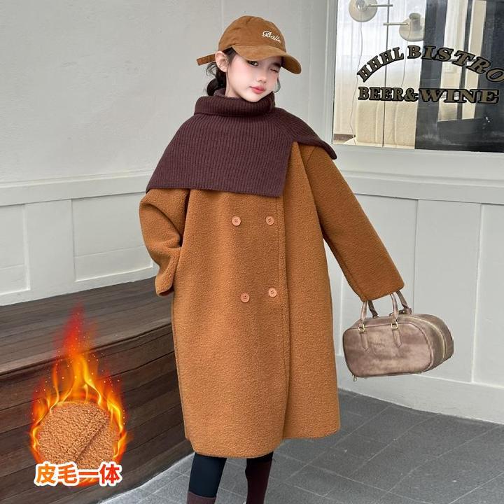 女童皮毛一体大衣秋冬款2024新款儿童韩系女大童毛呢风衣外套冬季