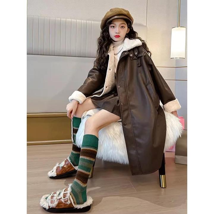 女童皮衣外套2024新款洋气加厚冬装儿童冬衣女大童加绒长款皮大衣