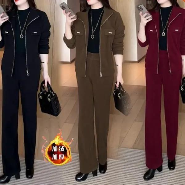 加绒加厚时尚套装女士秋冬新款洋气立领短外套保暖长裤气质两件套