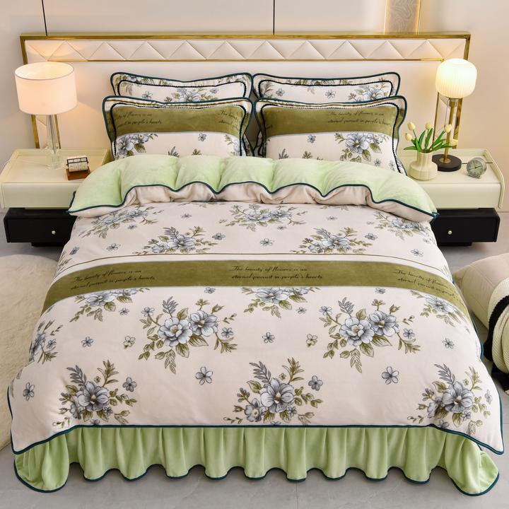 【莫奈】秋冬床裙款印花加厚双面单人四件套床上用品枕套随机裁剪