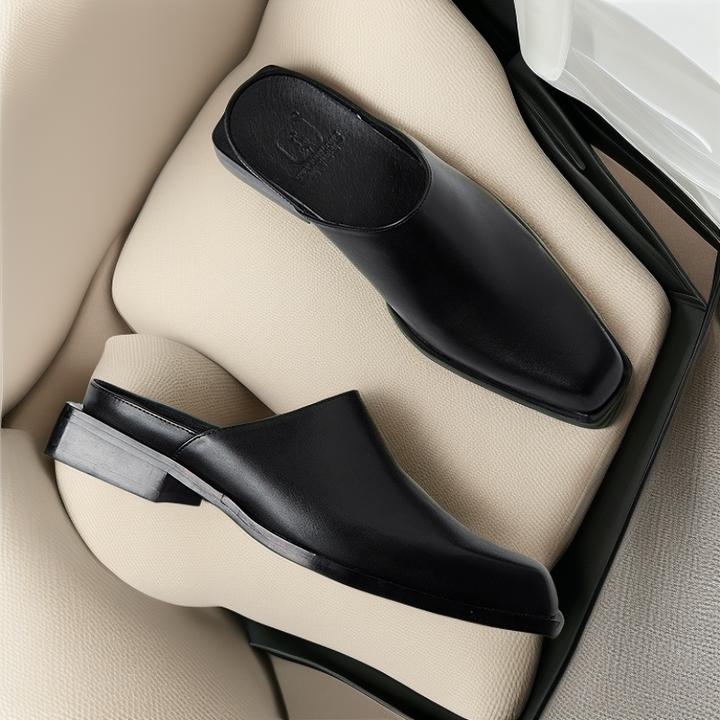 2025新款高档牛皮包头拖鞋男黑色休闲外穿方头无后跟皮鞋男透气潮