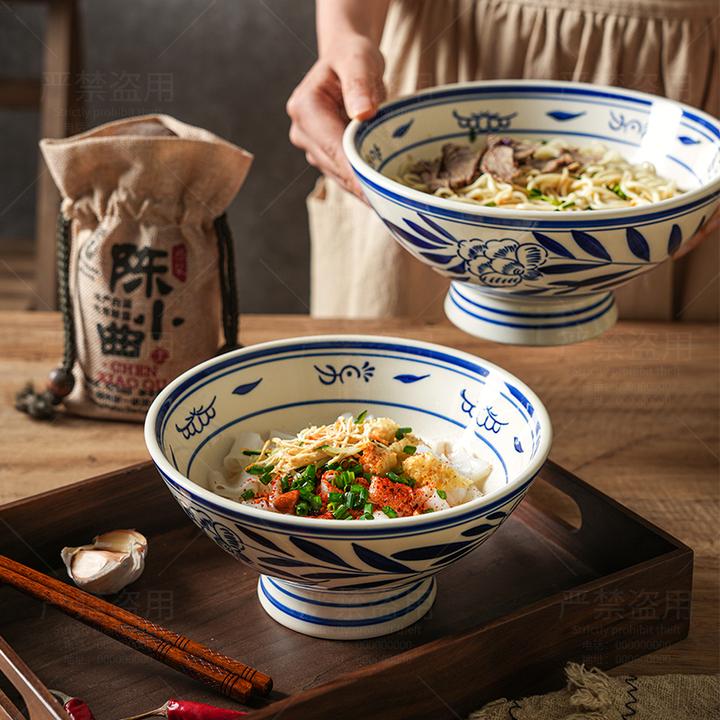 舍里复古手绘大号陶瓷碗釉下彩高脚碗臊子面碗创意面馆商用米粉碗