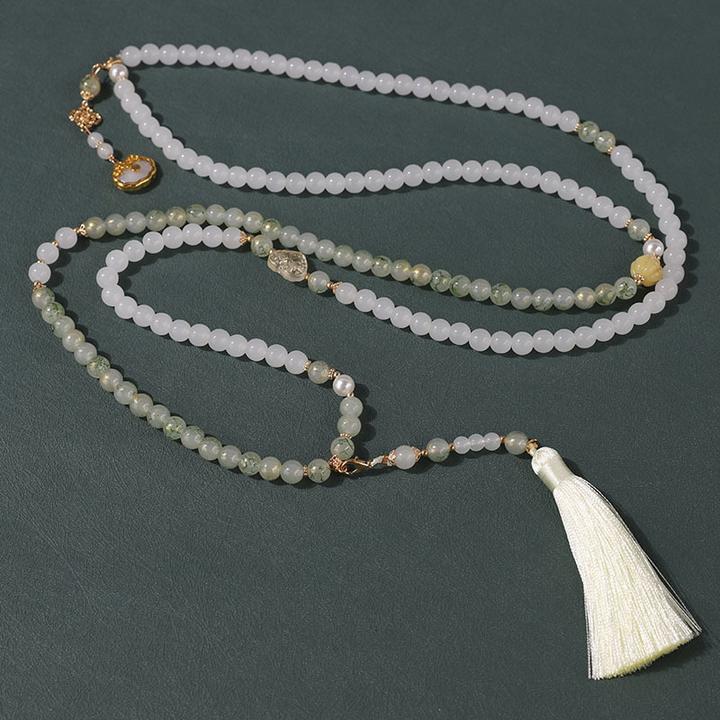 铜合金玻璃项链 新中式斜挎项链女百搭高级感串珠浅绿色流苏长款