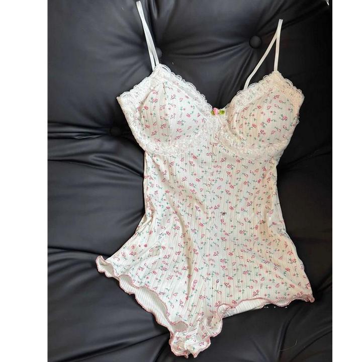 夏季法式碎花睡衣女修身2025新款吊带V领带胸垫收腰薄款连体战袍