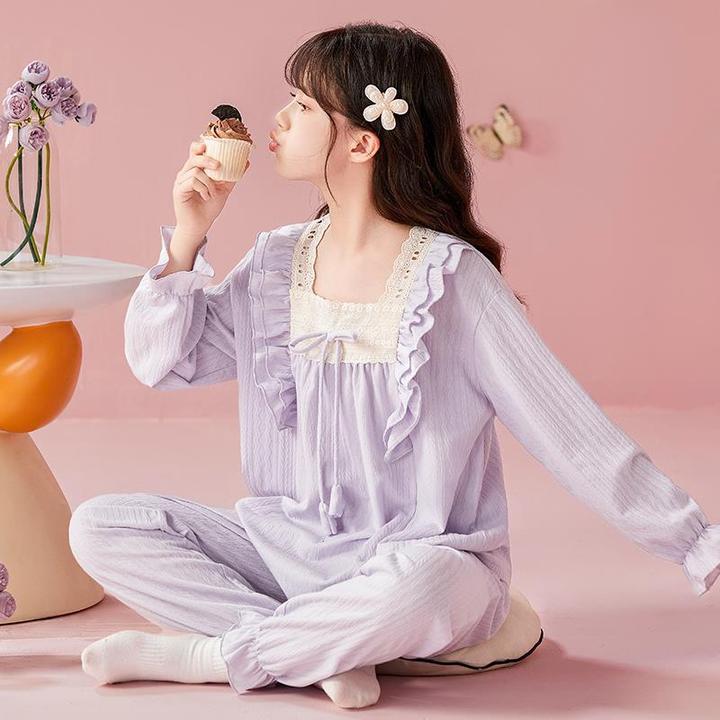 女童睡衣儿童春秋季棉长袖宫廷风家居服中大童女孩透气空调服夏